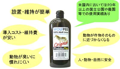 ウルフピーは小分けにした容器に入れて、動物から守りたい場所を囲むように既存の柵、ネットなどにぶらさげるだけで、簡単に使えます。
しかも安価に導入、安価かつ簡単にメンテナンスできるうえ、多くの動物に効果的なので、動物の被害を自然に食い止める、画期的な動物被害対策商品です